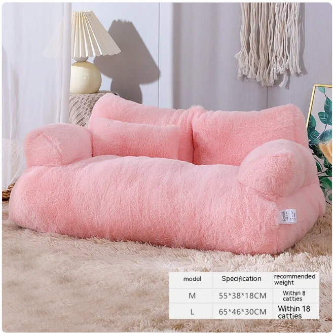 Pink fluffy pet bed in a room setting with a lamp and decor.