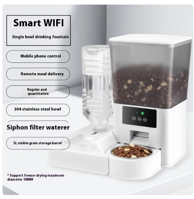Pet feeding and water station with digital display and storage barrel on a white background