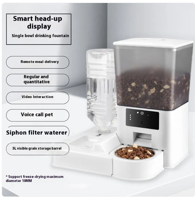 Pet feeding and drinking fountain with smart features on a white background