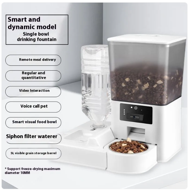 Pet feeding and drinking fountain with remote meal delivery and video interaction features.